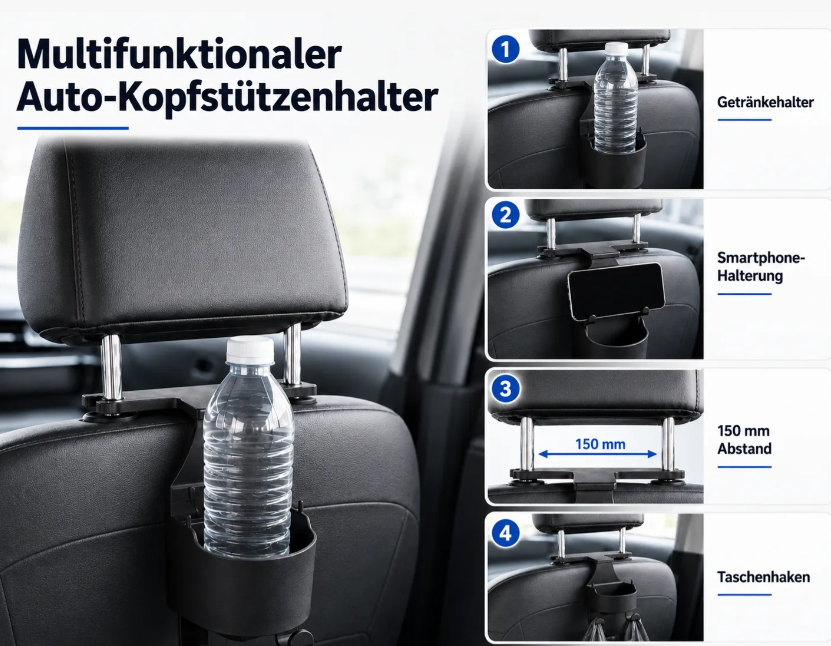 Car Headrest Organizer with Cup Holder
